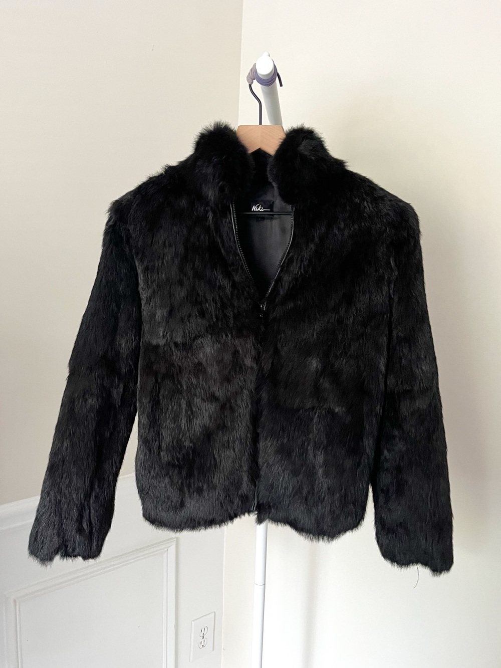 NIKI Vintage Black Rabbit Fur Coat 1980s Jacket Dyed Lined Women’s 14